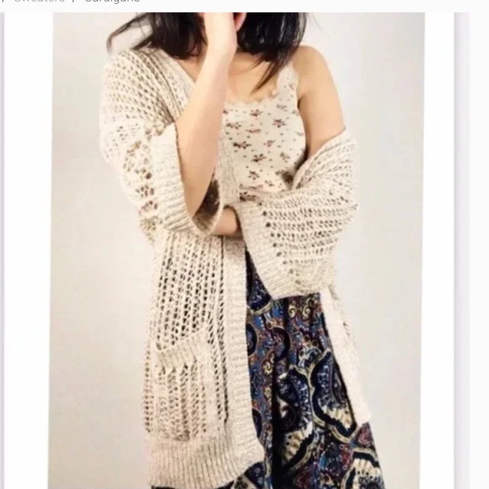 Free People "Gone Fishing" Short Sleeve Cardigan Sweater, Blue/Navy